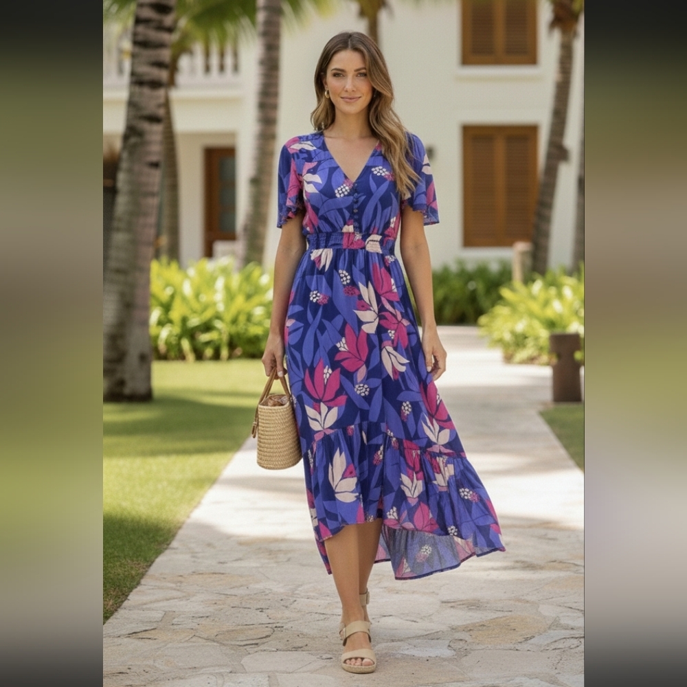 Anthro(ATL) Purple+Pink Hi-Low Floral Flutter Sleeve Maxi Dress Sz L Boho-Chic - Picture 15 of 15